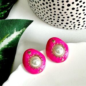 2/$30🌵 Bright Pink Enamel Earrings Inlaid Pearl Gold Sun Star Stud Jewelry NEW